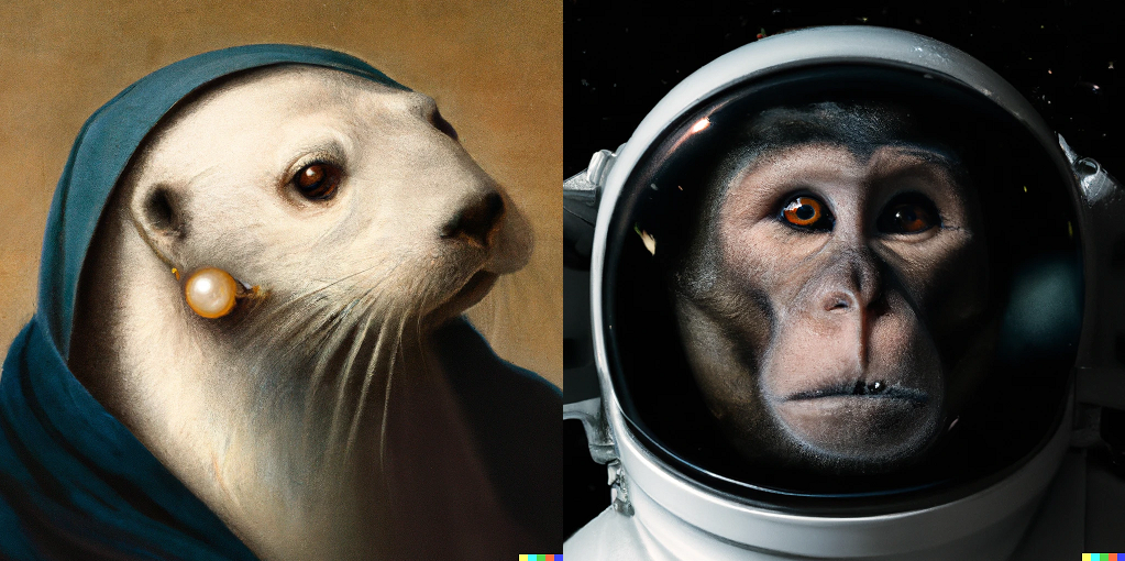Una foca con l'orecchino di perla e una scimmia astronauta