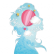 profilo di busto femminile azzurro che contiene una mongolfiera rosa e delle nuvole