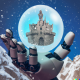 a humanoid robot holding up a medieval castle inside a snowball_ digital art