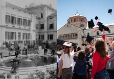 Foto storica di economia e foto recente con laureati in piazza Duomo