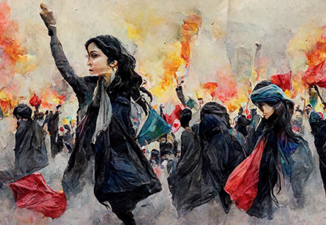 Le proteste delle donne iraniane. Acquerello digitale da Adobe Stock