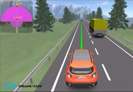elaborazione grafica raffigurante un'automobile a guida autonoma su strada.