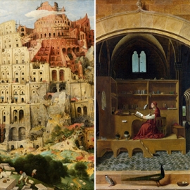 dettaglio opera San Girolamo nello Studio, di Antonello da Messina, e Torre di Babele, di Pieter Bruegel il Vecchio.