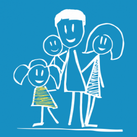 Una famiglia disegnata su sfondo azzurro