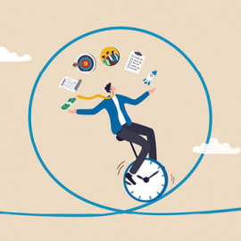 illustrazione di project management che giostra le attività di project management su un monociclo che è un orologio