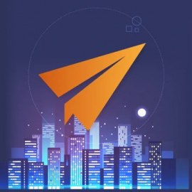 image of an orange paper plane flying over a city
